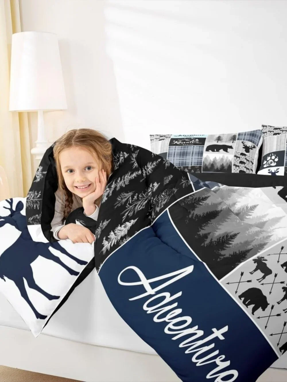 Farmhouse Cabin Comforter Set, Rustic Bear Deer Bedding Set Twin Size Woodland C